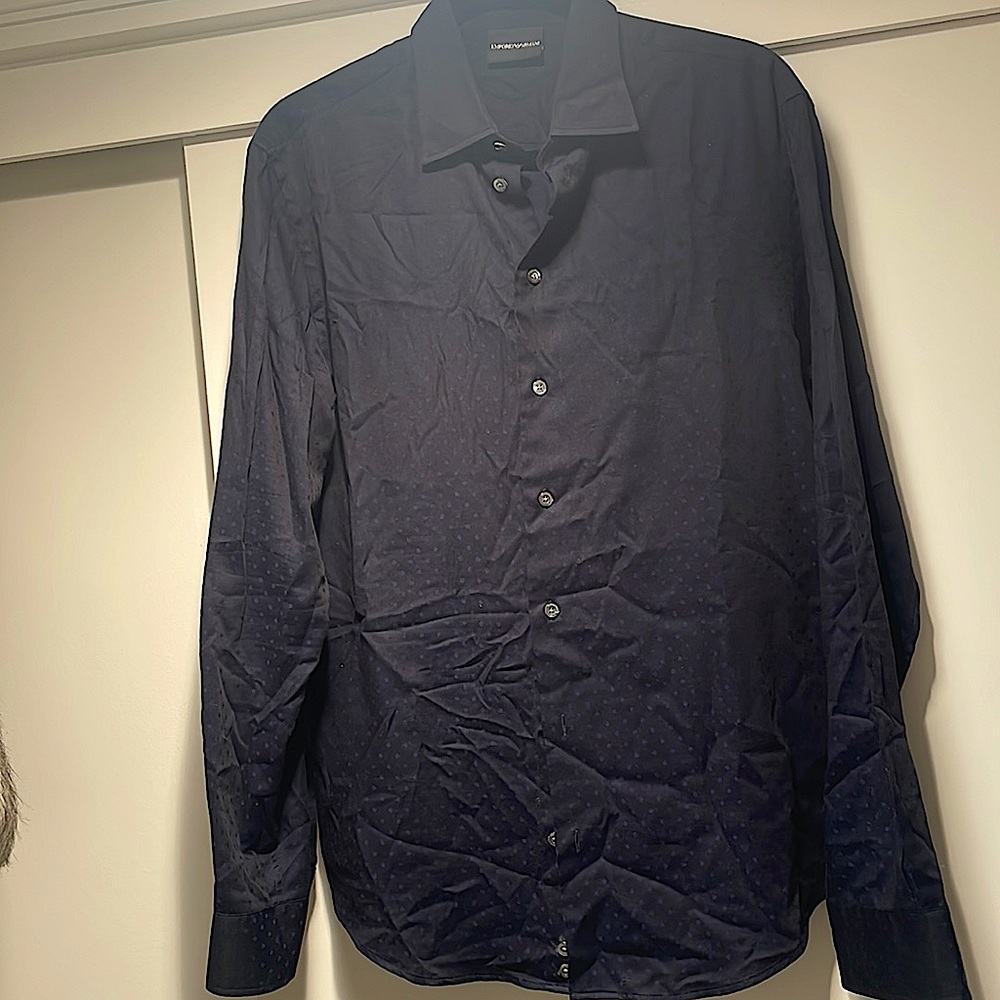 Men’s Emporio Armani beautiful navy dress shirt with blue polka dots